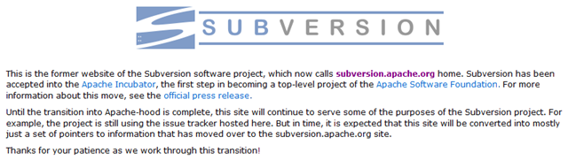 Subversion message on old homepage before moving to Apache